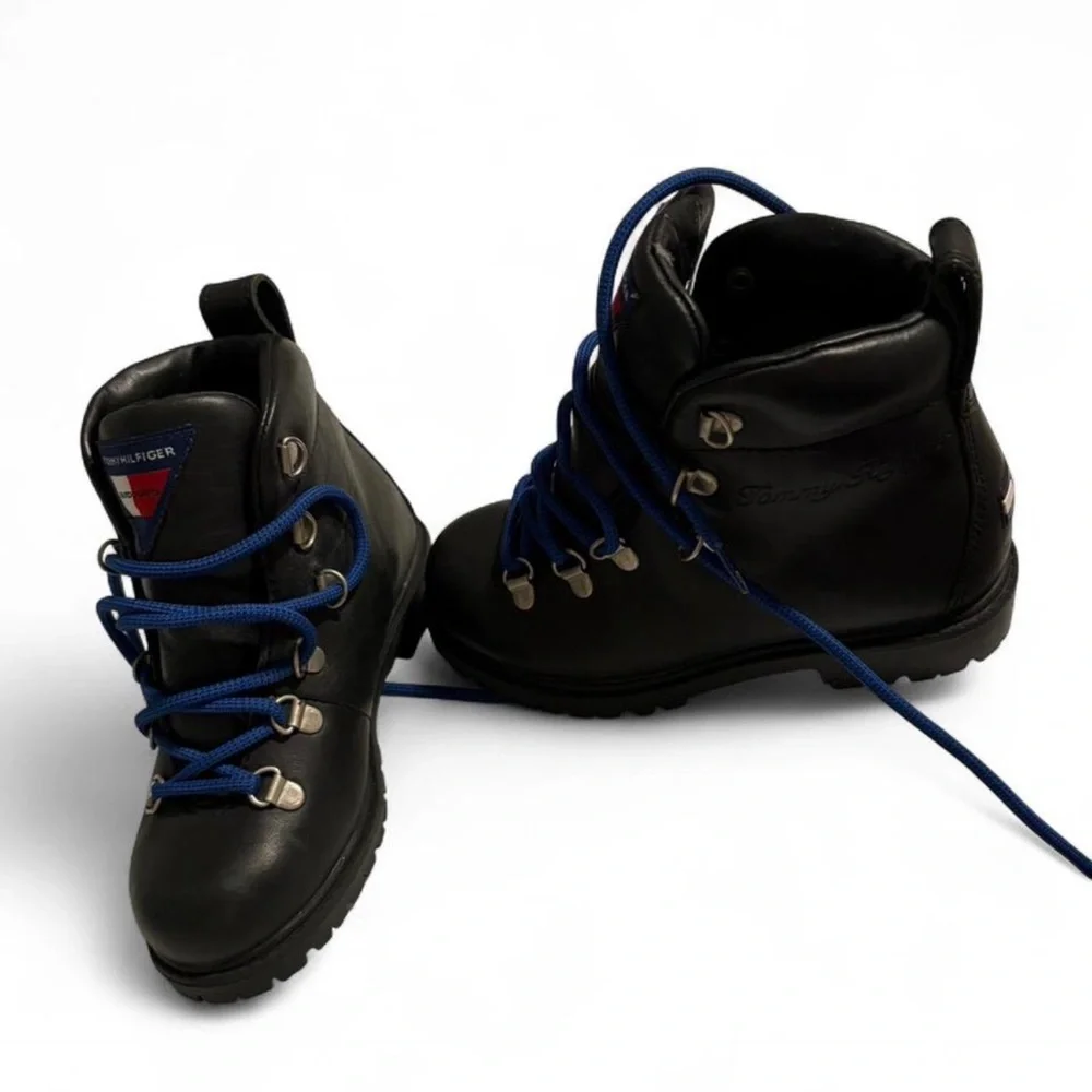 RARE Tommy Hilfiger Black Real Leather Chunky Boots with Blue Laces